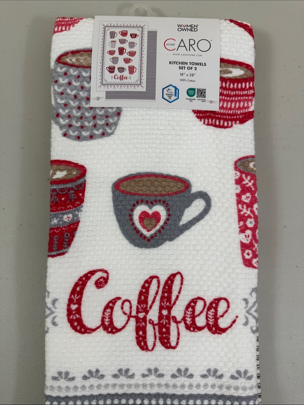 CARO Home Coffee Kitchen Towel Set in White, Red & Gray - Set of 2